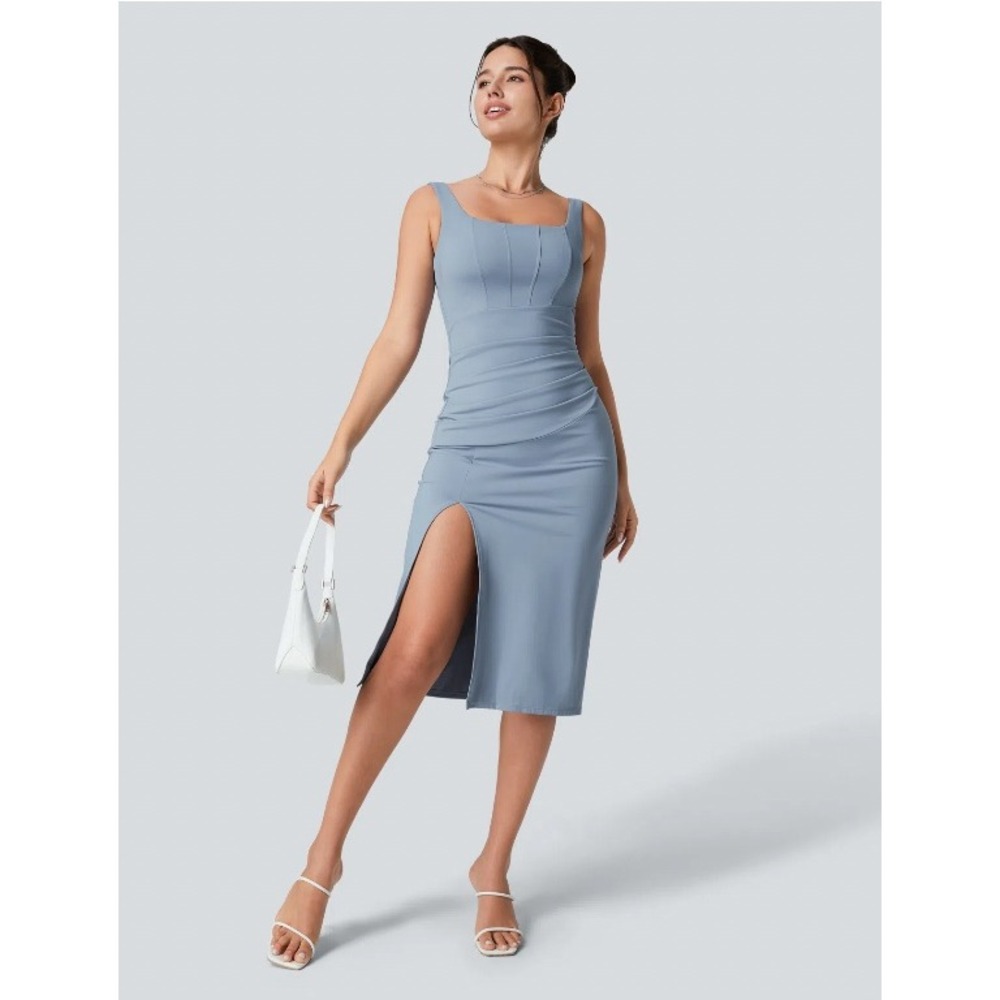 Halara Womens Size XL Dusty Blue Ruched Midi Dress Built‎ In Bra Side Slit
